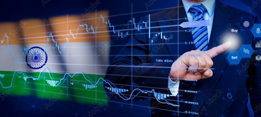 Businessman touching data analytics process system with KPI financial charts, dashboard of stock and marketing on virtual interface. With India flag in background.