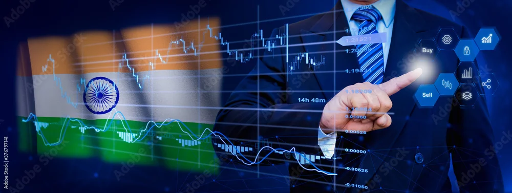 Businessman touching data analytics process system with KPI financial charts, dashboard of stock and marketing on virtual interface. With India flag in background.