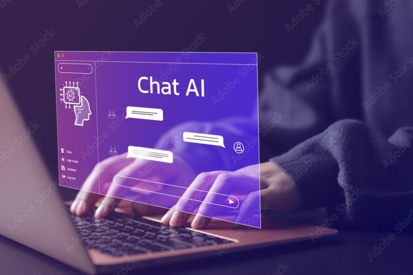 Chat Bot Chat with AI or Artificial Intelligence technology. Woman using a laptop computer chatting with an intelligent artificial intelligence asks for the answers he wants.. ChatGpt